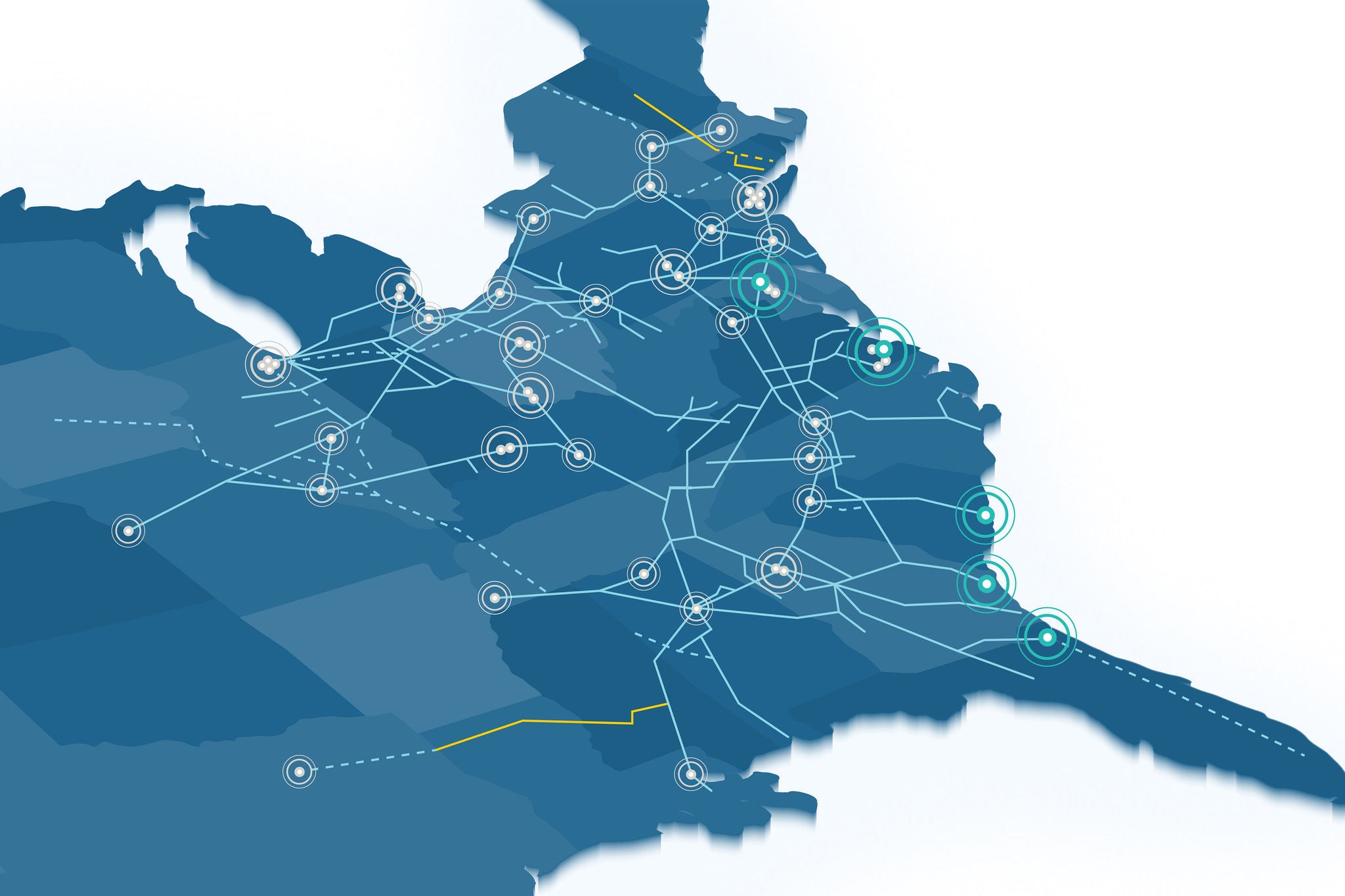 Blue illustrated graphic of eastern united states showing the system map available for shipping metals by rail