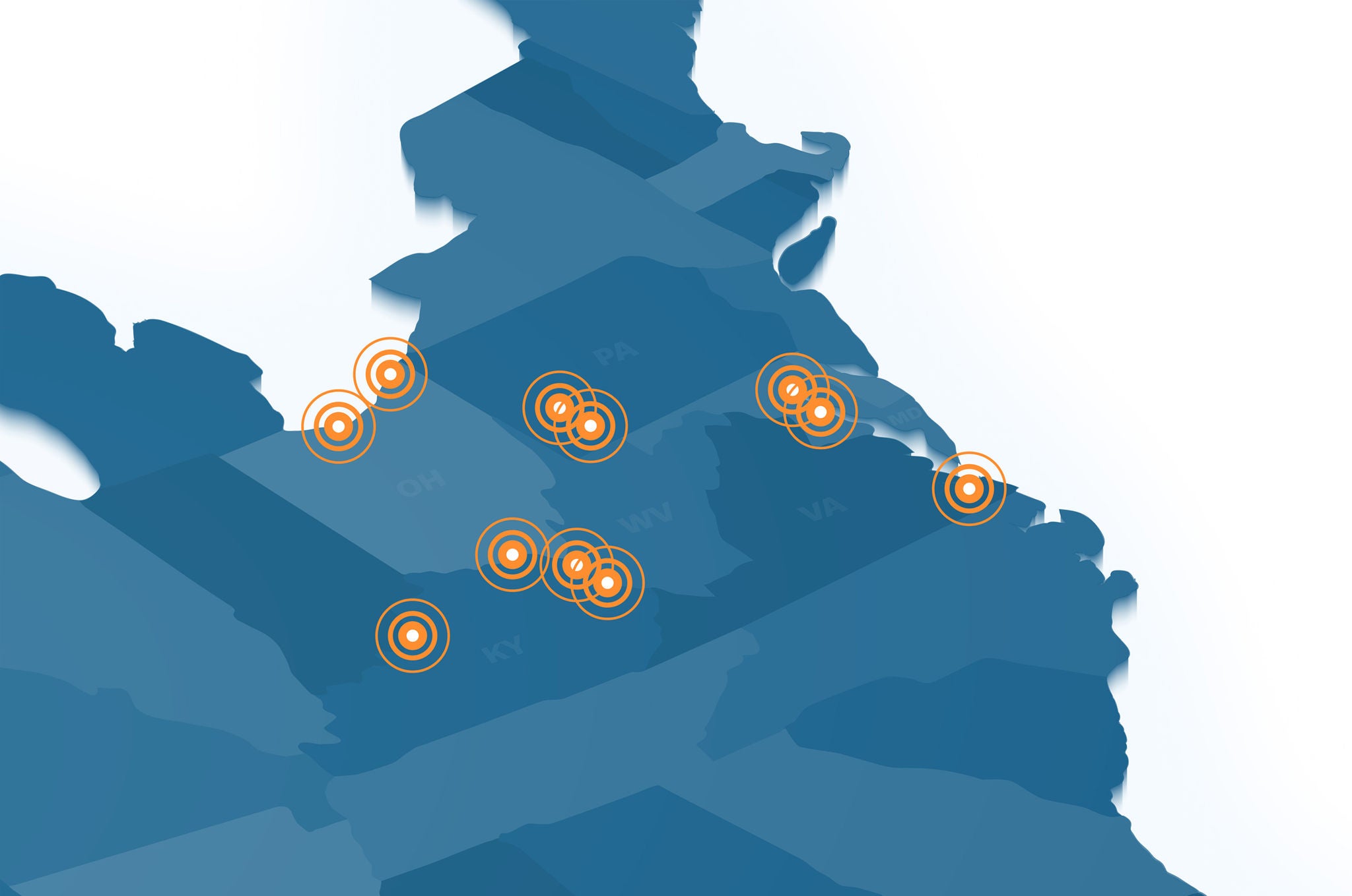 Blue illustrated image of the Eastern United states showing where the coal transload facilities