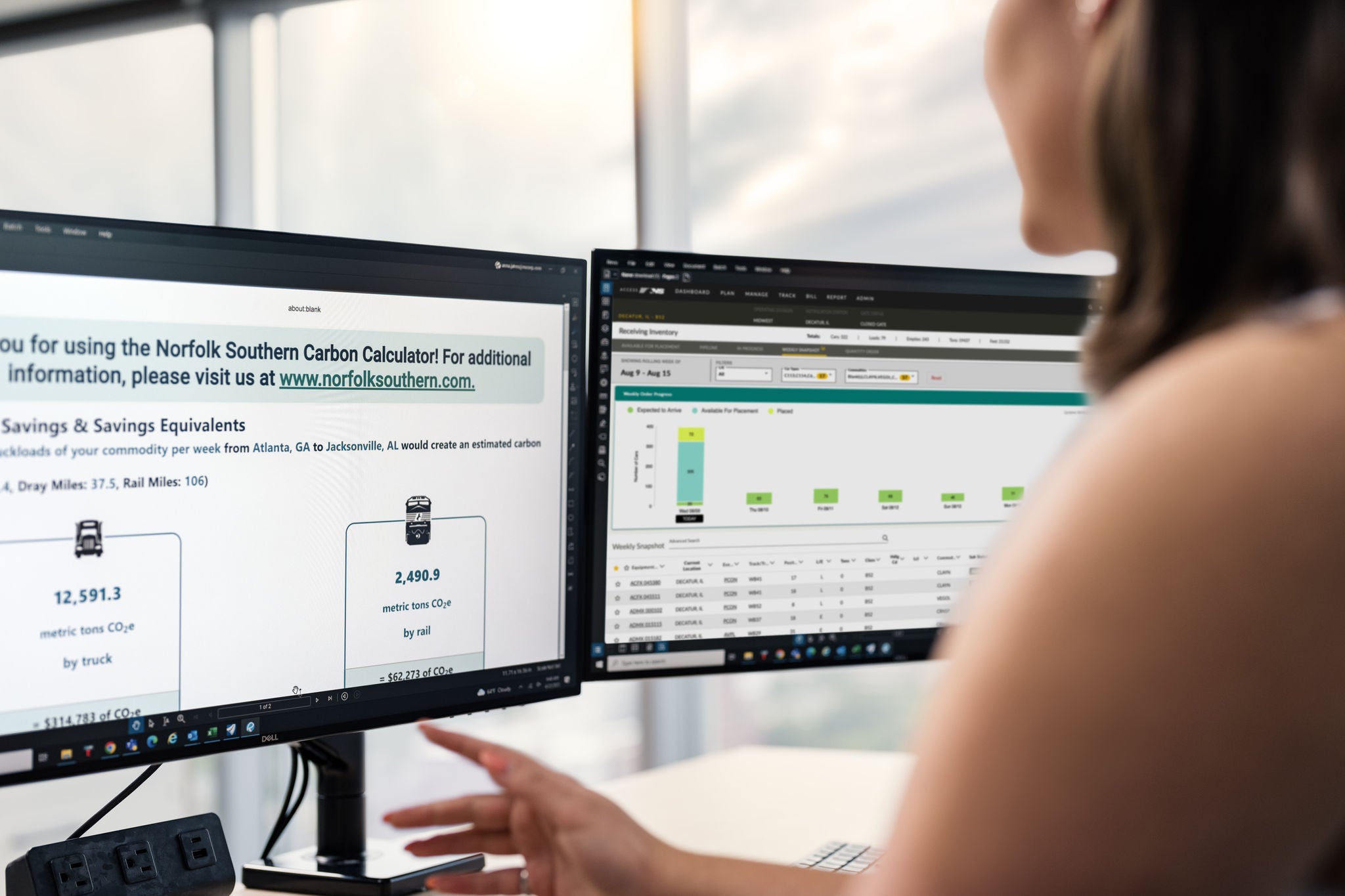 Over the shoulder image of a women working at a computer looking to calculate her carbon savings 